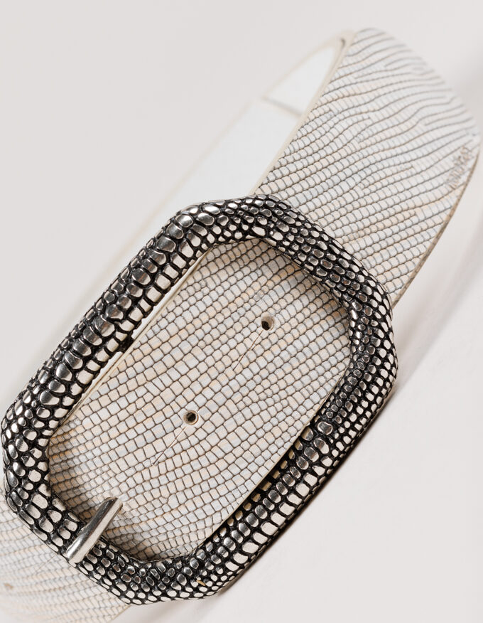 Cinturón Lizard Argento. Hebilla grabada plateada.