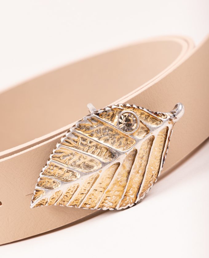 Cinturón Forest Oro. Hebilla en forma de hoja dorada con brillante.