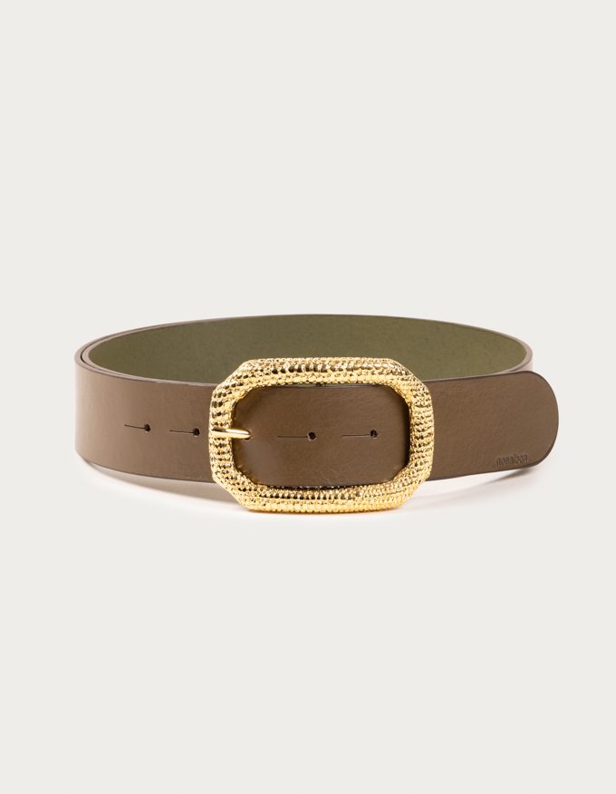 Belt Lizard Oro. Golden buckle with lizard engraving.